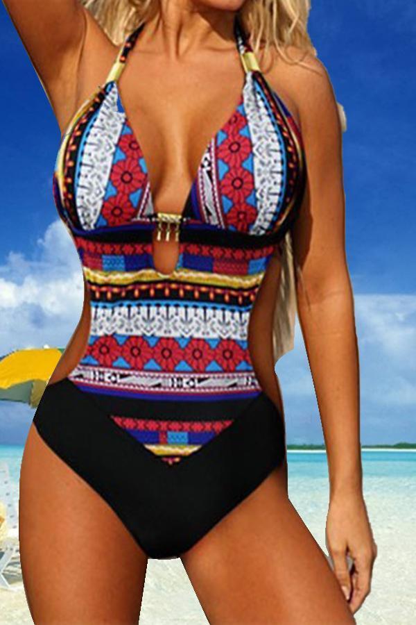 Ladies One Piece Swimsuit Bohemian Vintage Print