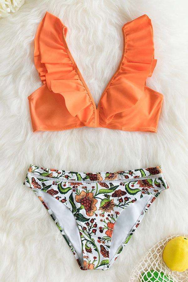 Vacation Print Ruffled Sweet Bikini