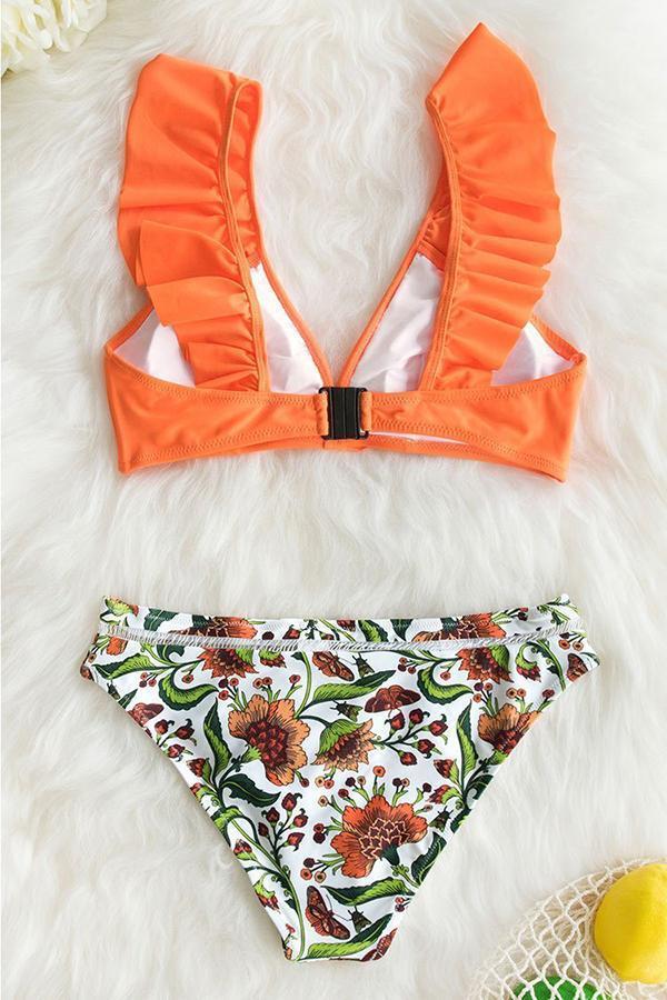 Vacation Print Ruffled Sweet Bikini