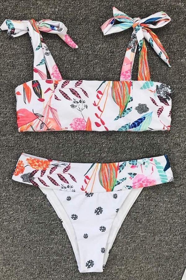 Ladies Vacation Plant Print Split Swimsuit