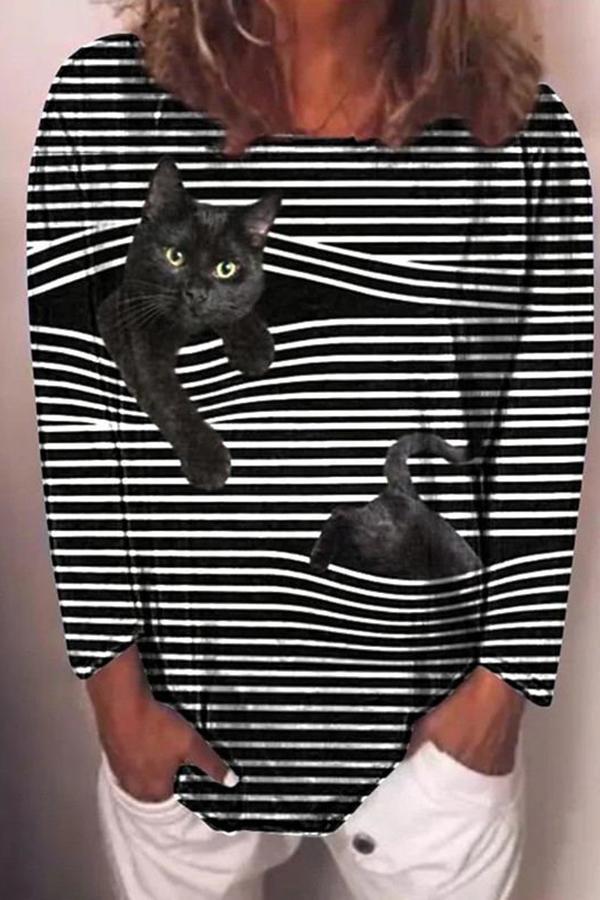 Cat Print Striped Long Sleeve Tee