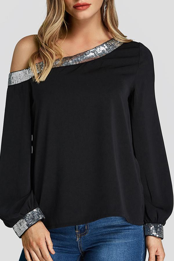 Sequins Embellished One-shoulder Women's Chic Shirt