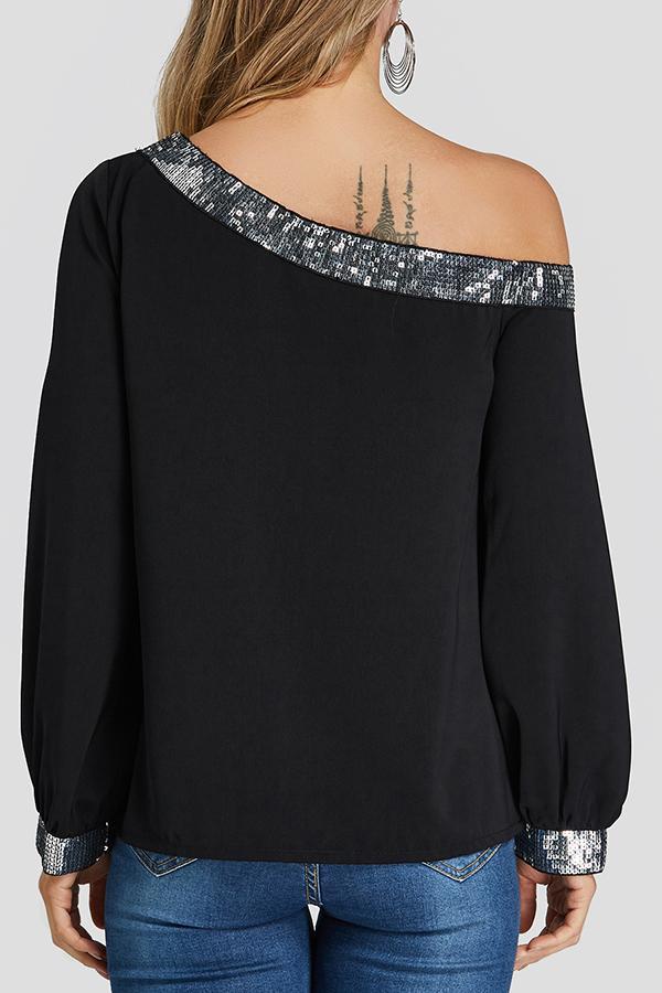 Sequins Embellished One-shoulder Women's Chic Shirt