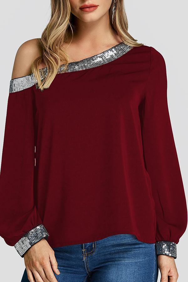 Sequins Embellished One-shoulder Women's Chic Shirt