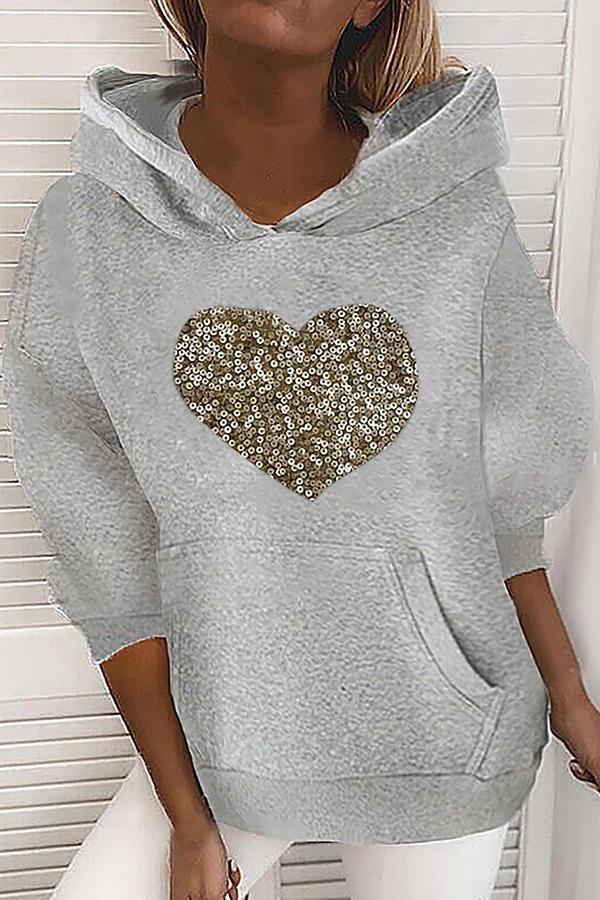 Love Sequined Round Neck Hooded Sweater