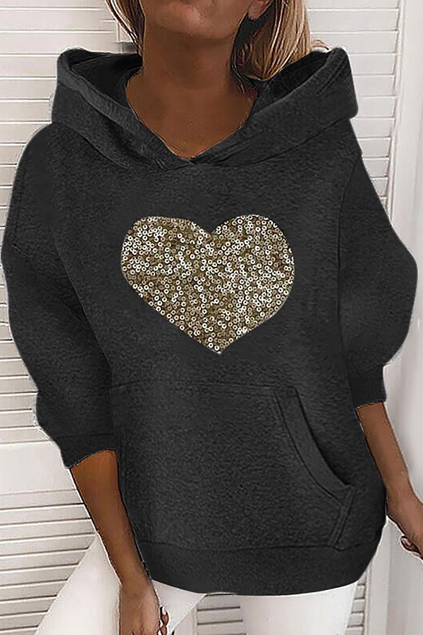 Love Sequined Round Neck Hooded Sweater