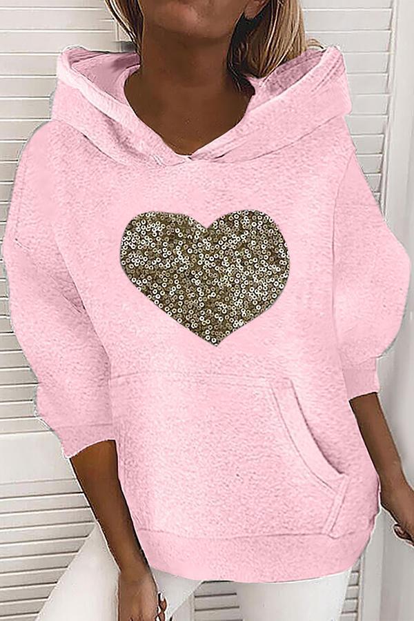 Love Sequined Round Neck Hooded Sweater