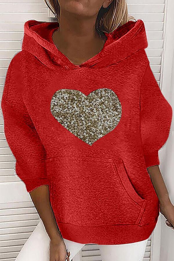 Love Sequined Round Neck Hooded Sweater