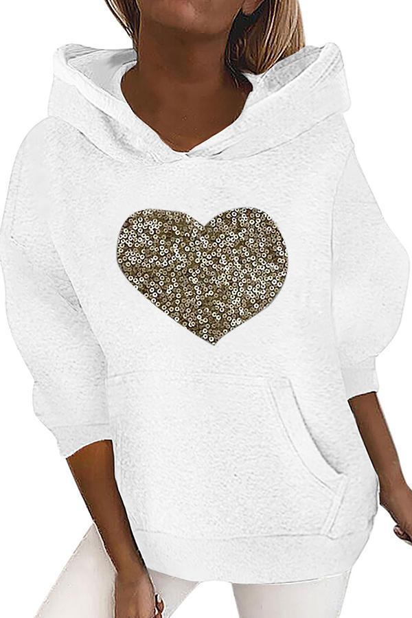 Love Sequined Round Neck Hooded Sweater