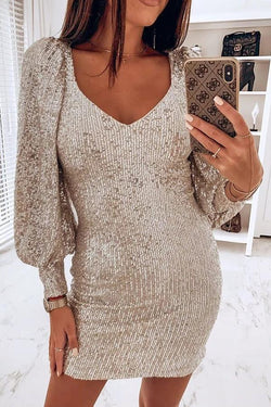 Puff Sleeve Deep V-neck Sequin Dress