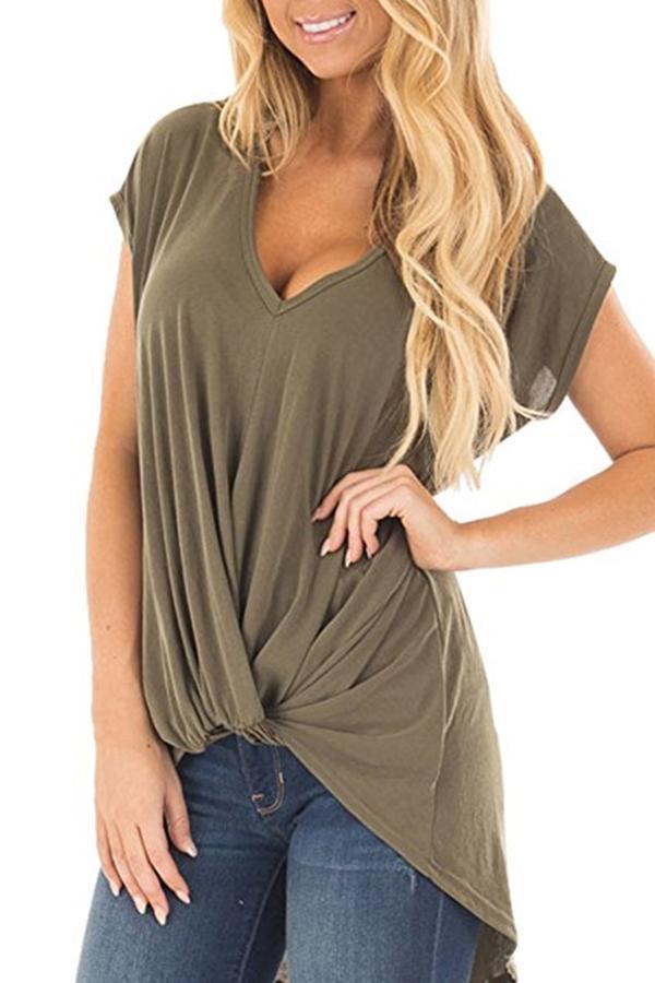 Short-sleeved V-neck Twisted Popular T-shirt