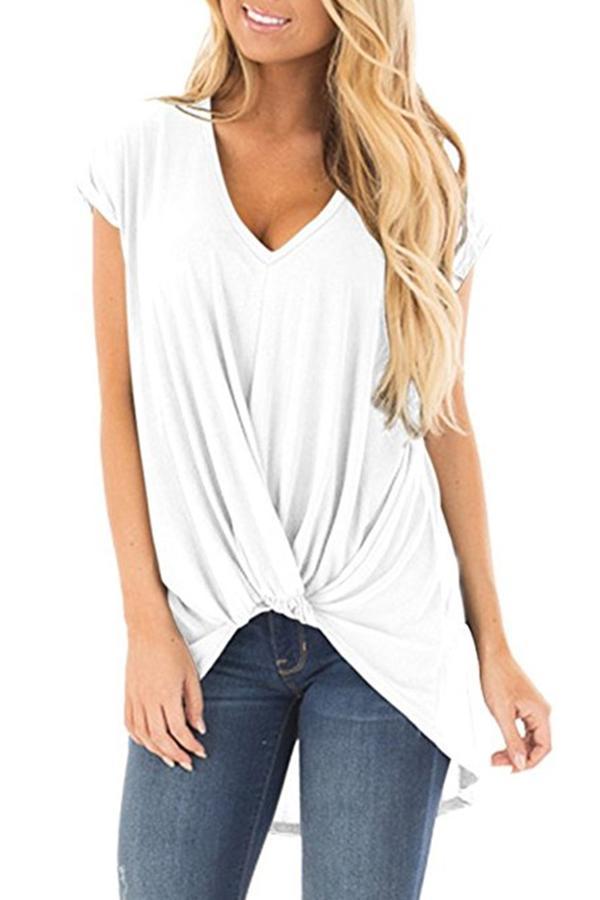 Short-sleeved V-neck Twisted Popular T-shirt