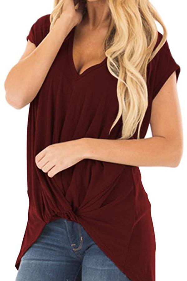 Short-sleeved V-neck Twisted Popular T-shirt