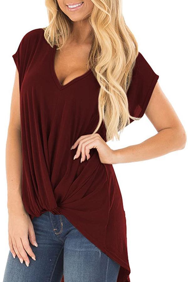 Short-sleeved V-neck Twisted Popular T-shirt