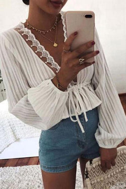 Retro Romantic V-neck Waistband Long-sleeved Shirt