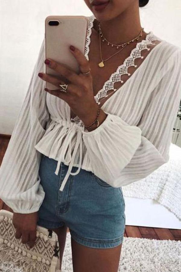 Retro Romantic V-neck Waistband Long-sleeved Shirt