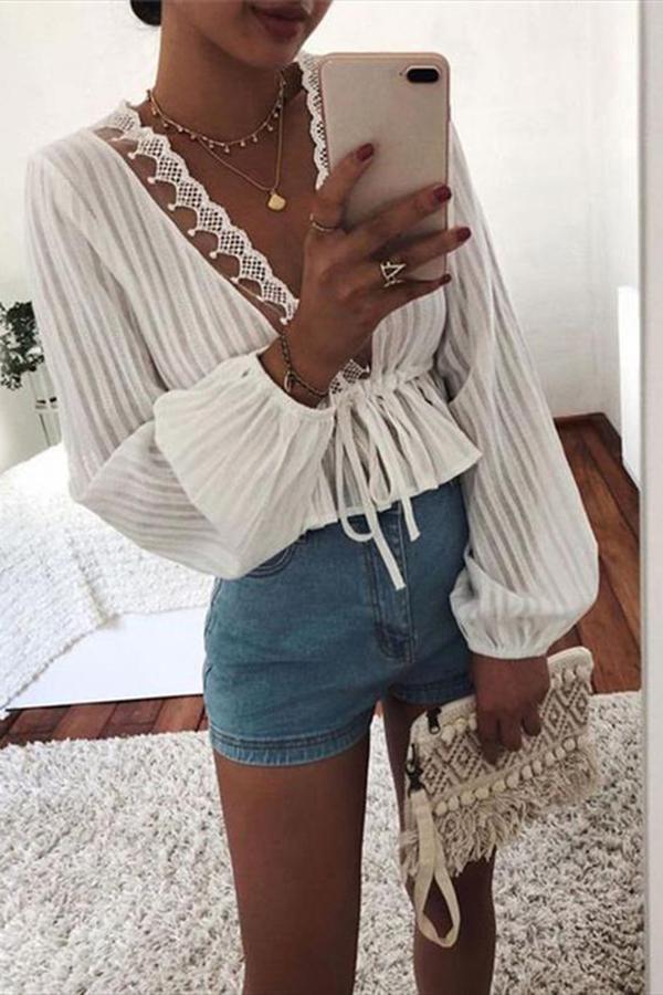 Retro Romantic V-neck Waistband Long-sleeved Shirt