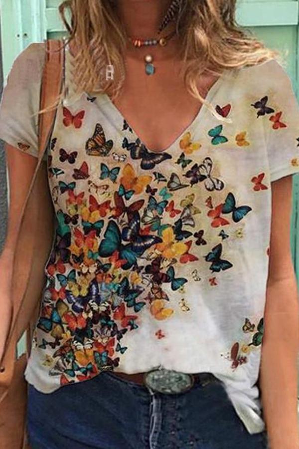 Butterfly Print V-neck Vintage Short Sleeves