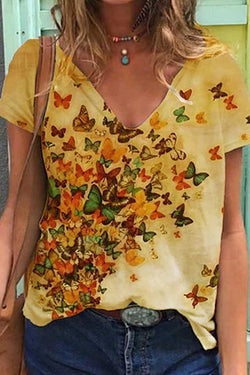 Butterfly Print V-neck Vintage Short Sleeves