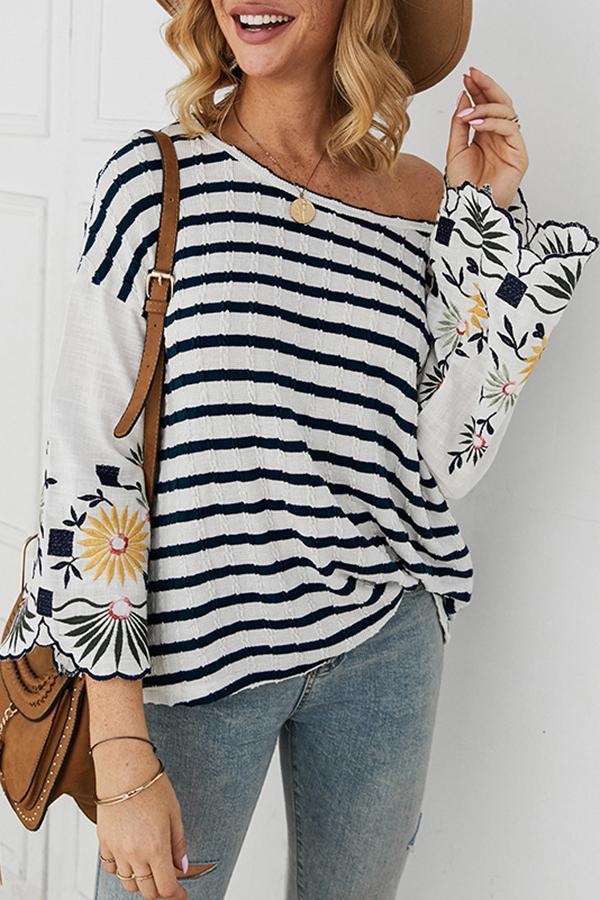 Spring Embroidered Striped Loose T-shirt