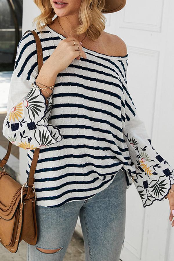 Spring Embroidered Striped Loose T-shirt