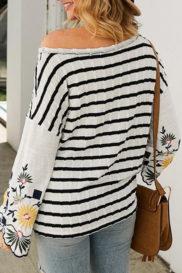 Spring Embroidered Striped Loose T-shirt