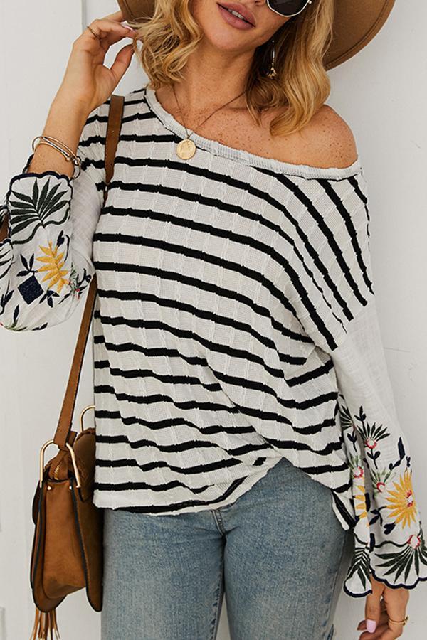 Spring Embroidered Striped Loose T-shirt