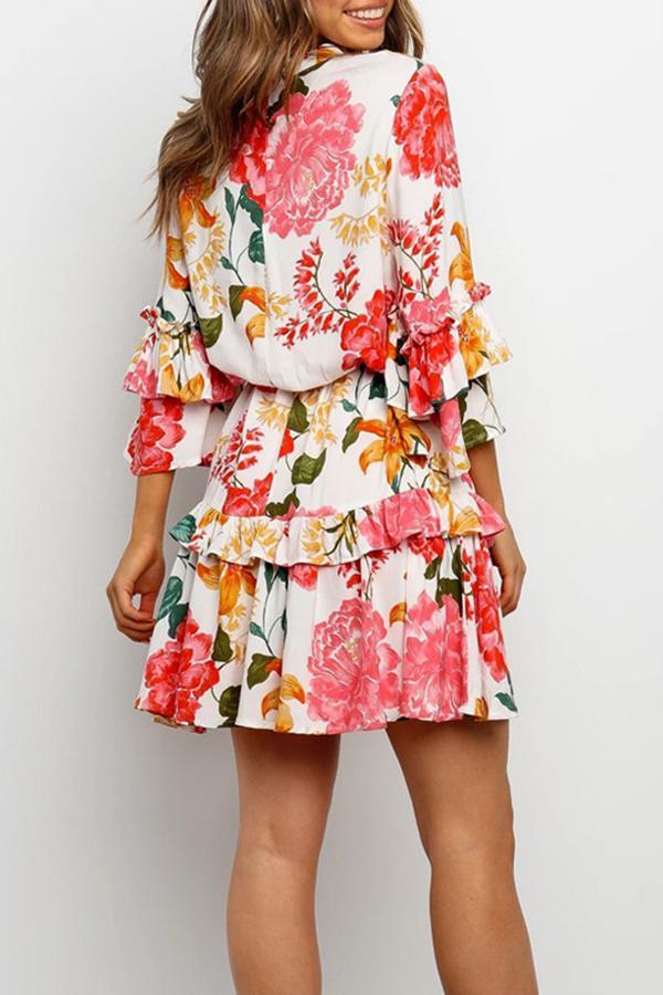 Printed Long-sleeve Loose Tie Elegant Dress