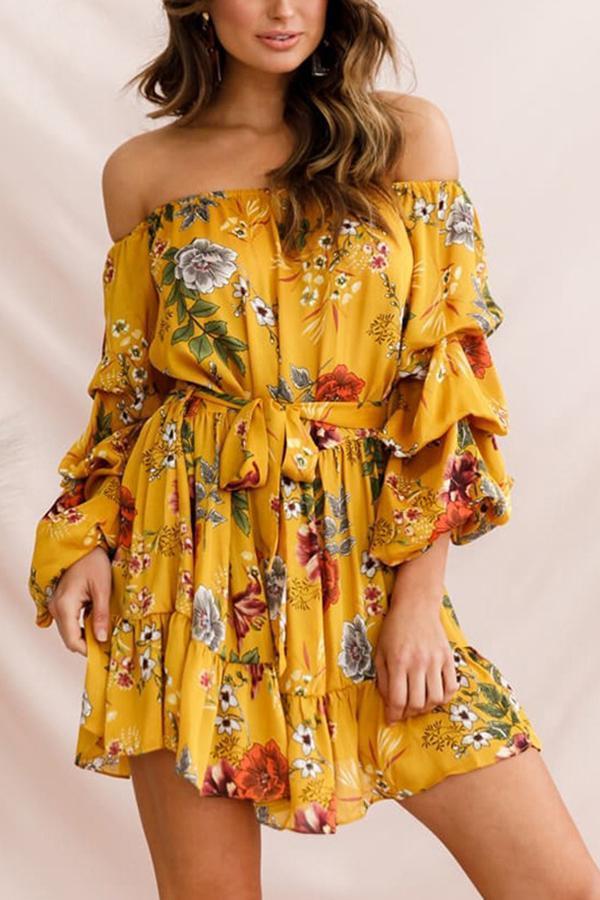 Summer Flower Print One-shoulder Casual Dress 