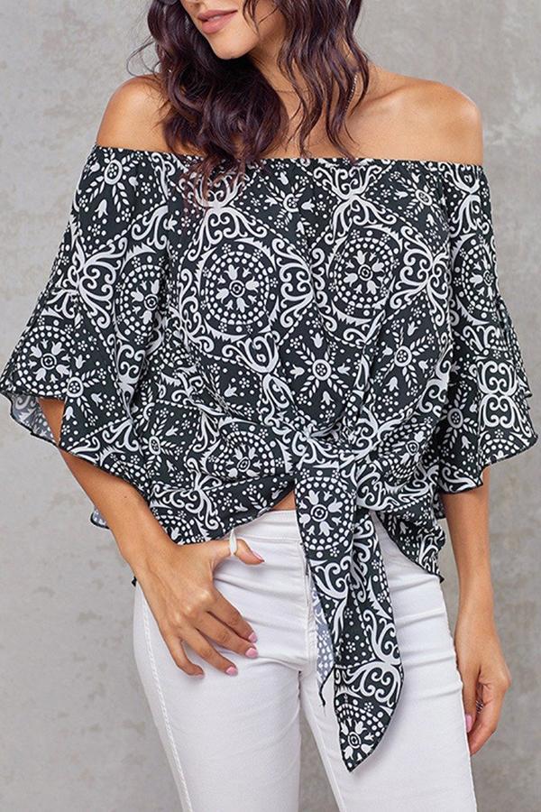 One Shoulder Ethnic Print Knotted Shirt