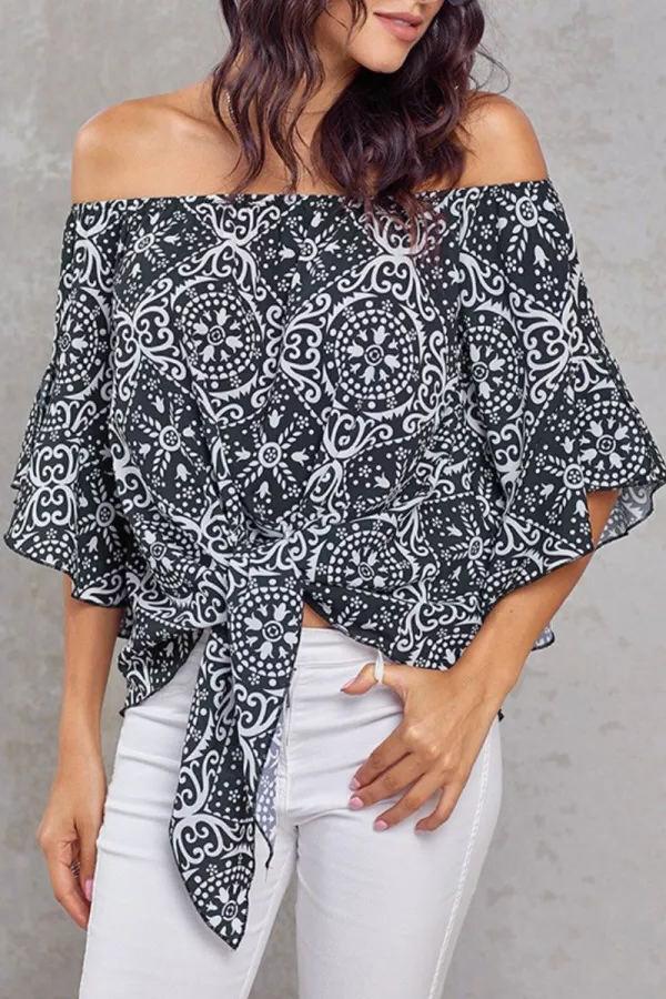 One Shoulder Ethnic Print Knotted Shirt