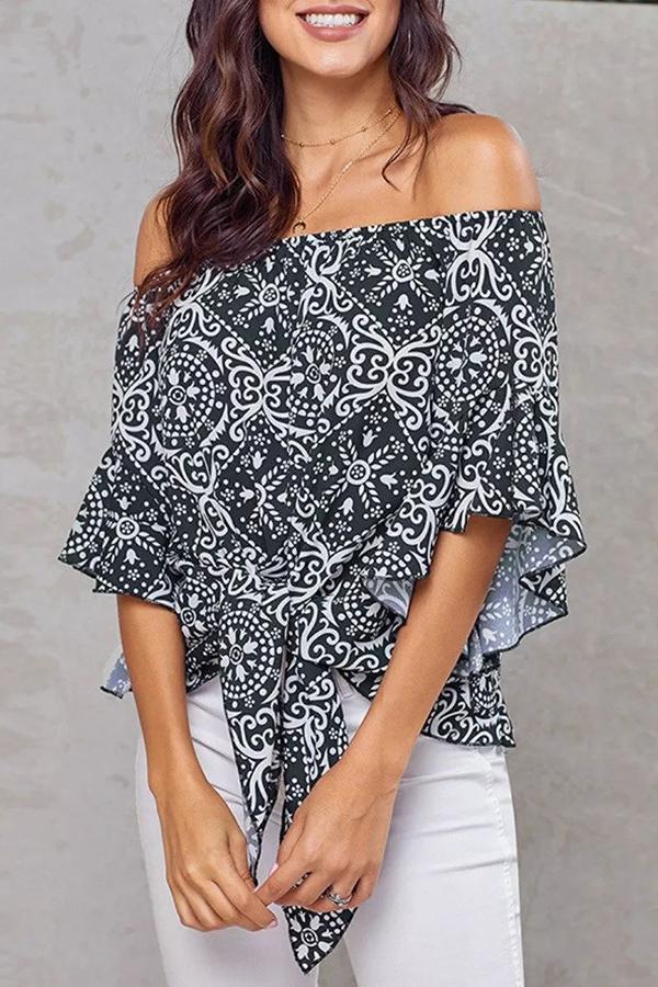 One Shoulder Ethnic Print Knotted Shirt