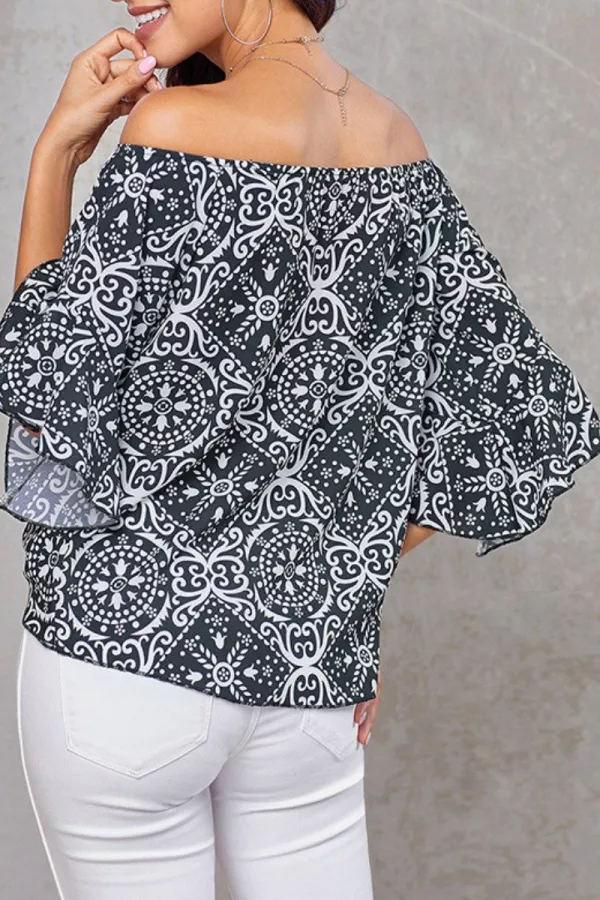 One Shoulder Ethnic Print Knotted Shirt