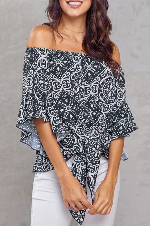 One Shoulder Ethnic Print Knotted Shirt