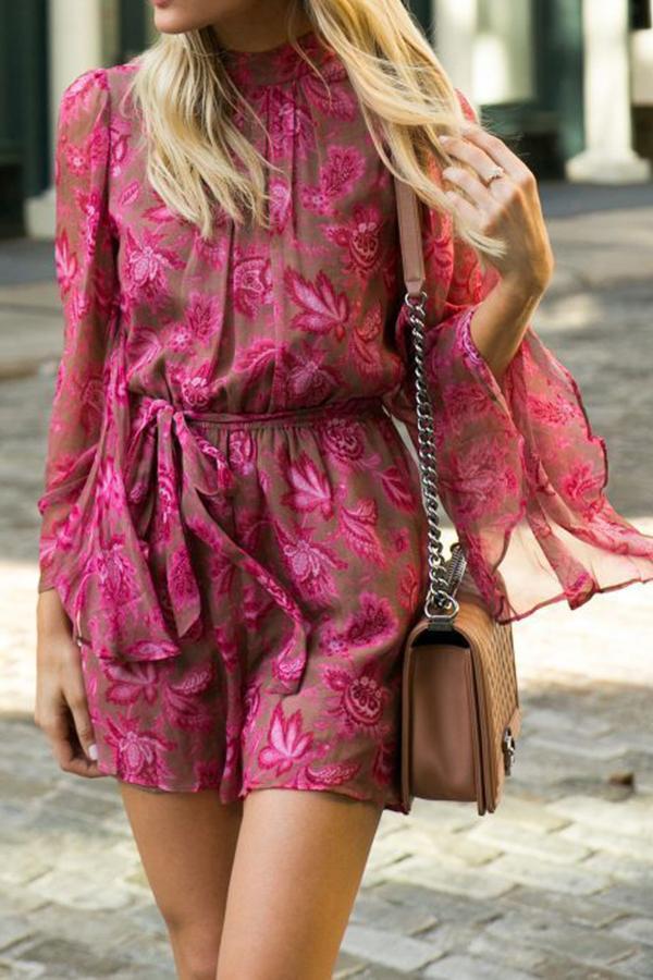 Elegant Flared-sleeve Open-back Rose print Dress