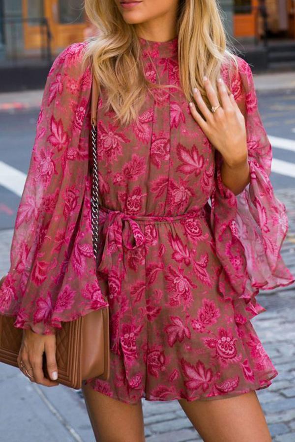 Elegant Flared-sleeve Open-back Rose print Dress