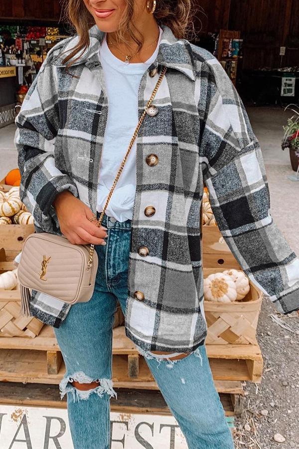 Casual Long Sleeve Plaid Woolen Coat