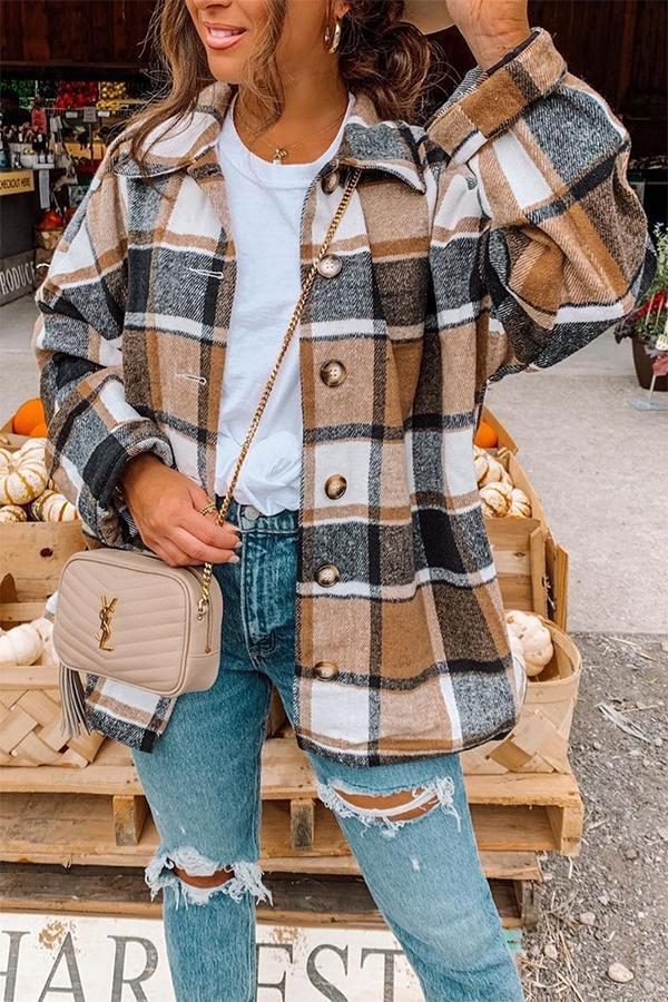 Casual Long Sleeve Plaid Woolen Coat