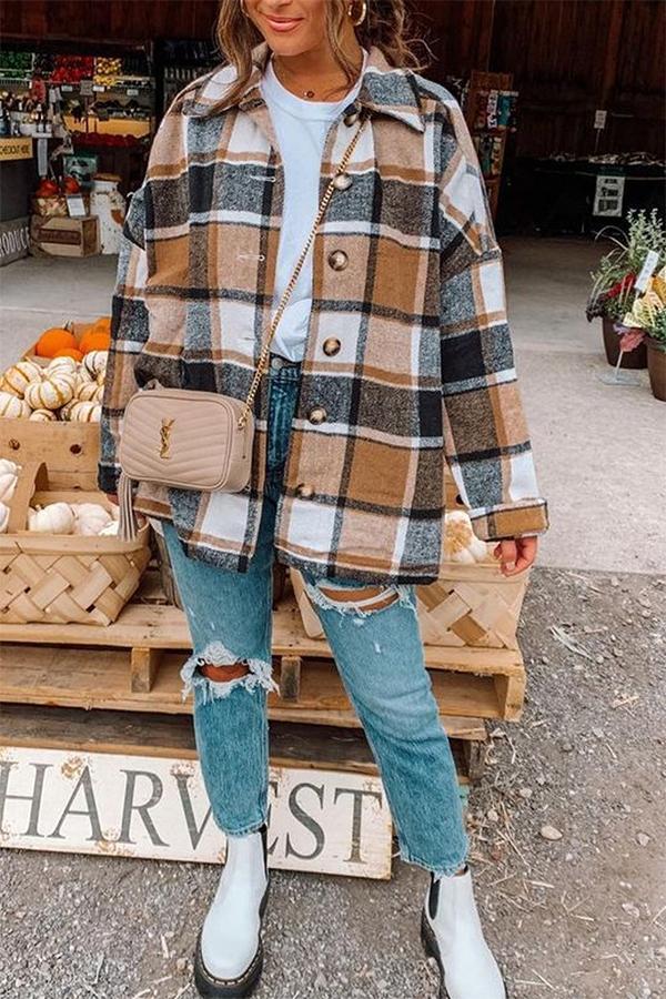 Casual Long Sleeve Plaid Woolen Coat