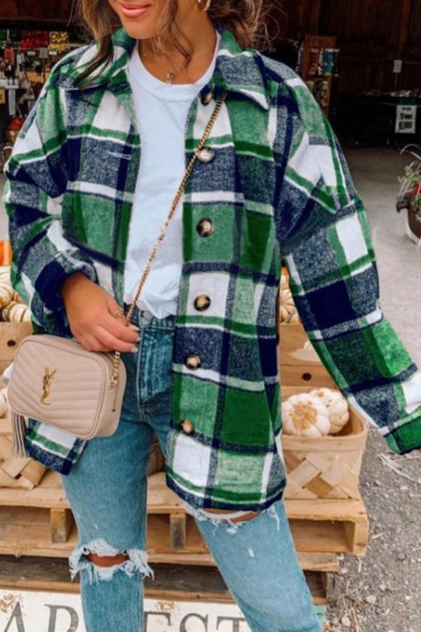 Casual Long Sleeve Plaid Woolen Coat