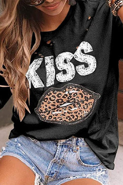 Ripped KISS Leopard Lip Print T-shirt