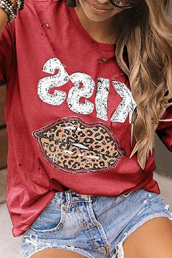 Ripped KISS Leopard Lip Print T-shirt