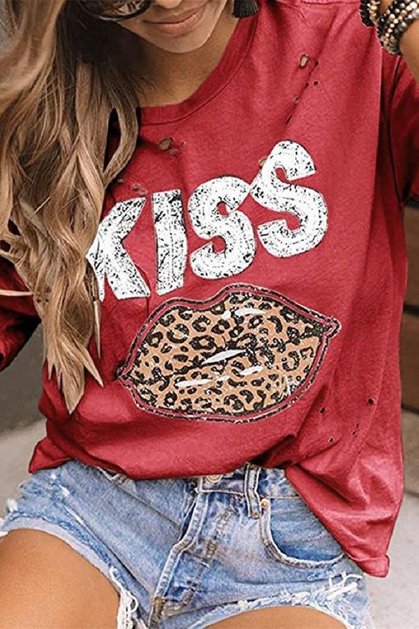 Ripped KISS Leopard Lip Print T-shirt