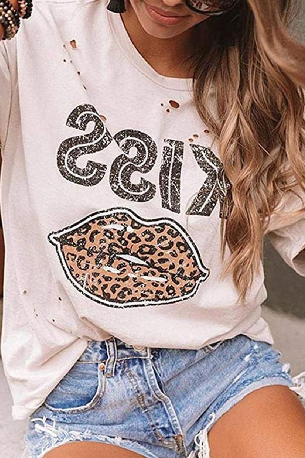 Ripped KISS Leopard Lip Print T-shirt