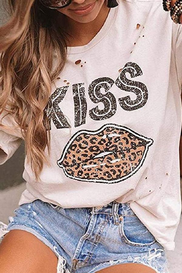 Ripped KISS Leopard Lip Print T-shirt