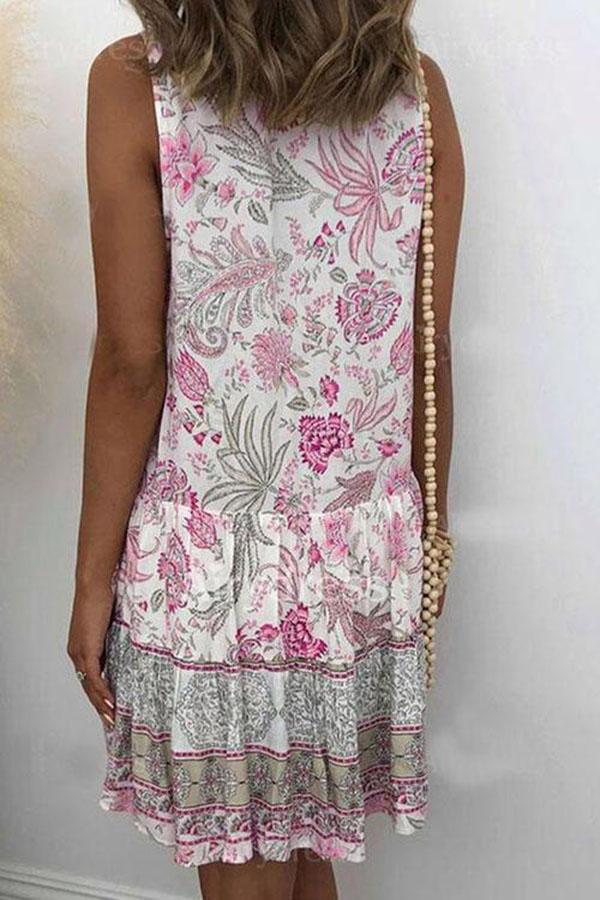 Stand-up Collar Stitching Sleeveless Printed Dress