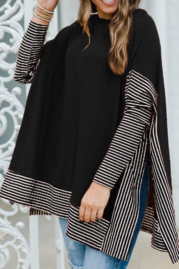 Casual Black White Striped Poncho Top