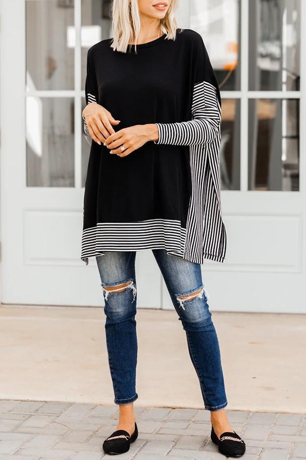 Casual Black White Striped Poncho Top