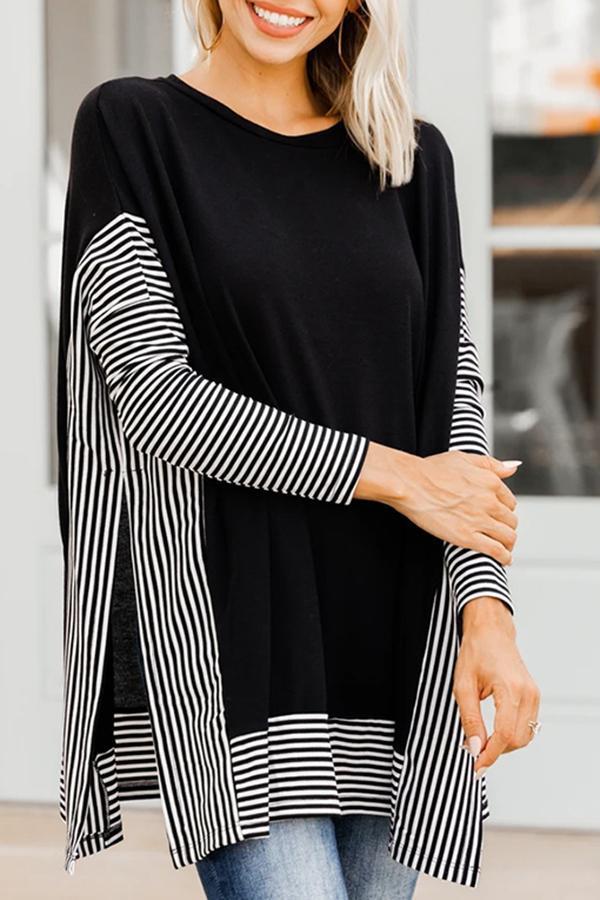 Casual Black White Striped Poncho Top