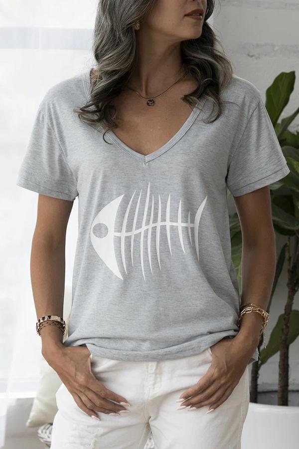 Fishbone Print V-neck Short-sleeve Home T-shirt